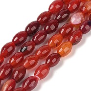 Natural Agate Beads Strands, Deyd & Heated, Faceted, Oval, Dark Red, 12x7.5~8mm, Hole: 1.2mm, about 32pcs/strand, 14.96''(38cm)(G-Q194-B01-01K)