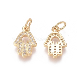 Brass Micro Pave Clear Cubic Zirconia Charms, with Jump Rings, Hamsa Hand/Hand of Fatima /Hand of Miriam, Golden, 13x9x2mm, Jump Ring: 5x0.7mm, Inner Diameter: 3.6mm(ZIRC-I036-08G)