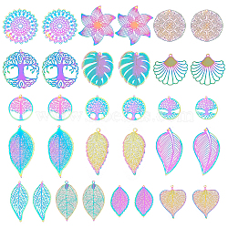 DICOSMETIC 32Pcs 16 Style Ion Plating(IP) 201 Stainless Steel Filigree Pendants, Etched Metal Embellishments, Leaf & Flower & Tree of Life & Flat Round, Rainbow Color, 2pcs/style(STAS-DC0006-64)