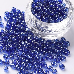 Glass Seed Beads, Trans. Colours Lustered, Round, Blue, 4mm, Hole: 1.5mm, about 500pcs/50g, 50g/bag, 18bags/2pounds(SEED-US0003-4mm-108)