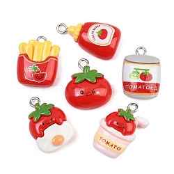 Tomato Theme Opaque Resin Pendants, Imitation Foods, Mixed Shapes Charm, with Platinum Tone Iron Loops, Mixed Color, 20~25x13.5~17.5x7.5~8mm, Hole: 2x2.5mm(RE-CBA0E2-01)
