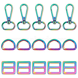 15Pcs 3 Style Rainbow Color Zinc Alloy Swivel Clasps, with D Rings, Slider Buckles, for Bag Replacement Accessories, 2~4.8x2.5~2.7x0.3~0.6cm, Hole: 18.5~19.5x7.5~13mm, 5pcs/style(FIND-GF0003-41)