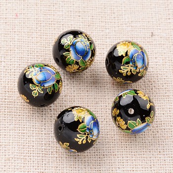 Flower Picture Printed Glass Round Beads, Black, 12mm, Hole: 1mm