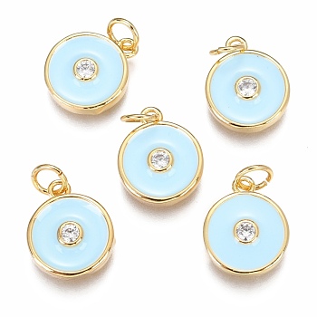 Brass Micro Pave Clear Cubic Zirconia Charms, Long-Lasting Plated, with Enamel & Jump Rings, Flat Round, Real 18K Gold Plated, Light Sky Blue, 13.2x11x2.7mm, Hole: 3mm, Jump Ring: 5x0.8mm