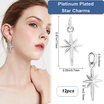 12Pcs Rack Plating Brass Pendants, with Jump Rings, Star, Platinum, 17x9.7x2.5mm, Hole: 3.4mm