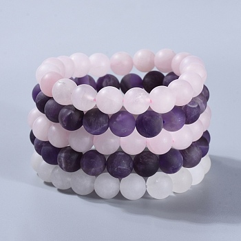 Natural Gemstone Beads Stretch Bracelets, with Natural White Jade, Frosted Natural Rose Quartz and Frosted Natural Amethyst, Packing Box, 2-1/8 inch(5.3cm), 5pcs/box