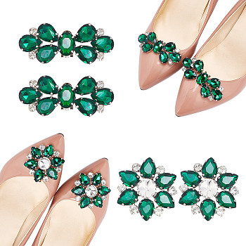 4Pcs 2 Style Flower Glass Rhinestone Shoe Decoration, Detachable Iron Shoe Buckle Clips, Emerald, 31~52x49~71x12~14mm, 2pcs/style