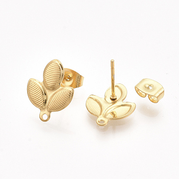 304 Stainless Steel Stud Earring Findings, with Loop and Ear Nuts/Earring Backs, Leaf, Golden, 14x11mm, Hole: 1mm, Pin: 0.7mm