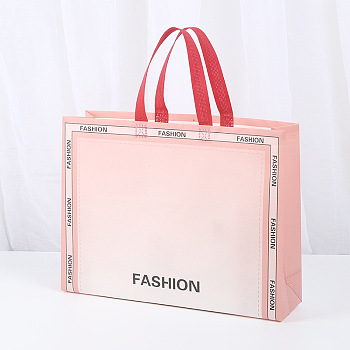 Non-woven Fabric Gift Tote Bags with Handle, Rectangle with Word Fashion, Pink, Unfold: 35x39.5x0.2cm, Fold: 39.5x10x30cm