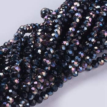 Electroplate Glass Beads Strands, Full Plated, Faceted, Rondelle, Black, 3x2mm, Hole: 0.8~1mm, about 185~190pcs/strand, 15.5~16 inch(39.3~40.6cm)