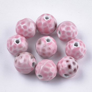 Handmade Porcelain Beads, Fancy Antique Glazed Porcelain, Round, Pink, 16~16.5x15.5~16x15~16mm, Hole: 2.5~3mm