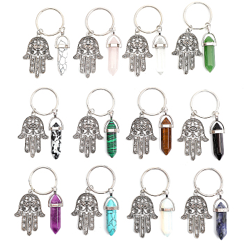 12Pcs 12 Style Bullet Gemstone & Glass Pendant Keychain with Hamsa Hand/Hand of Miriam with Eye Charm, for Bag Car Key Ornaments, 6.5cm1 1pc/style