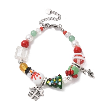 Snowman & Candy Cane Alloy Charm Bracelet, Christmas Tree & Snowman Lampwork & Natural Gemstone & Shell Beaded Bracelet for Women, Colorful, 7-1/2 inch(18.9cm)