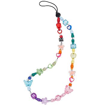 Rainbow Resin Beaded Mobile Phone Lanyard Wrist Strap, Cute Phone Charm Star Butterfly Phone Anti-Lost Chain for Women Girls , Colorful, 23.5cm