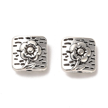 Tibetan Style Alloy Beads, Cadmium Free & Lead Free, Rectangle with Flower Pattern, Antique Silver, 10x10x4.5mm, Hole: 1.4mm, about 751pcs/1000g