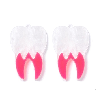 Two Tone Acrylic Pendants, Tooth Shapes, Hot Pink, 39.5x25.6x4mm, Hole: 2mm