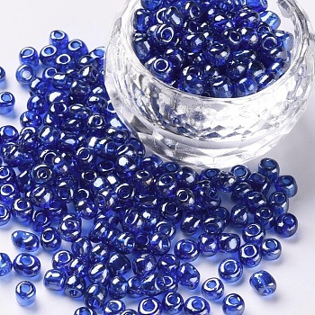 Glass Seed Beads, Trans. Colours Lustered, Round, Blue, 4mm, Hole: 1.5mm, about 500pcs/50g, 50g/bag, 18bags/2pounds
