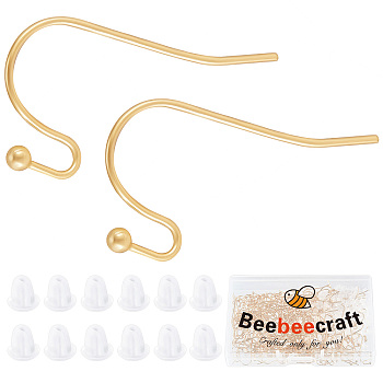 200Pcs 316 Surgical Stainless Steel Earring Hooks, Ear Wire, with 200Pcs Plastic Ear Nuts, Real 18K Gold Plated, 21x12x2mm, 22 Gauge, Pin: 0.6mm