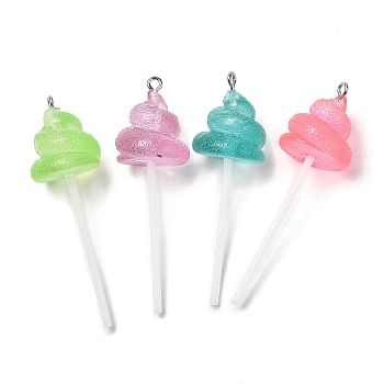 Luminous Transparent Resin Cartoon Big Pendants, with Platinum Tone Iron Loops and Plastic Bar, Poop Lollipop Charms, Mixed Color, Others, 60x18x17.5mm, Hole: 2mm