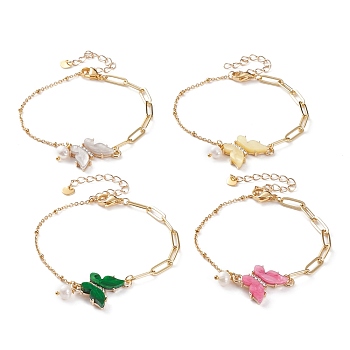 Brass Micro Pave Cubic Zirconia Butterfly Link Bracelets, with Resin, Natural Pearl Beads, Brass Paperclip Chains, 304 Stainless Steel Satellite Chains & Lobster Claw Clasps, Golden, Mixed Color, 7-1/2 inch(19cm)