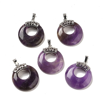 Amethyst Pendants, with Brass Findings, Flat Round, Platinum Metal Color, 28x6mm, Hole: 7x4mm