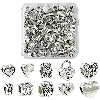 60Pcs 10 Styles Tibetan Style Alloy European Beads, Large Hole Beads, Heart, Antique Silver, 7.5~13.5x8~12x4.5~8.5mm, Hole: 4~5.5mm, 6pcs/style