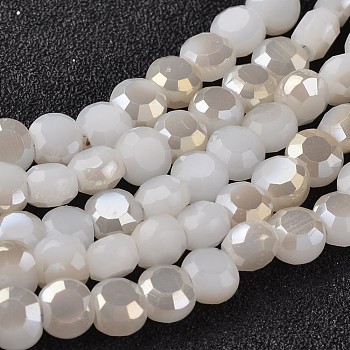 Electroplate Glass Bead Strands, Imitation Jade, Half Rainbow Plated, Flat Round, Faceted, White, 5~6x4mm, Hole: 1mm, about 72pcs/strand, 15 inch