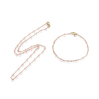 Ion Plating(IP) 304 Stainless Steel Jewelry Sets, Cable Chain Bracelet and Necklaces, with Enamel, Golden, Pink, 19.6 inch(50cm), 2mm, 8-1/8 inch(20.5cm), 2mm