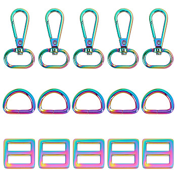 15Pcs 3 Style Rainbow Color Zinc Alloy Swivel Clasps, with D Rings, Slider Buckles, for Bag Replacement Accessories, 2~4.8x2.5~2.7x0.3~0.6cm, Hole: 18.5~19.5x7.5~13mm, 5pcs/style