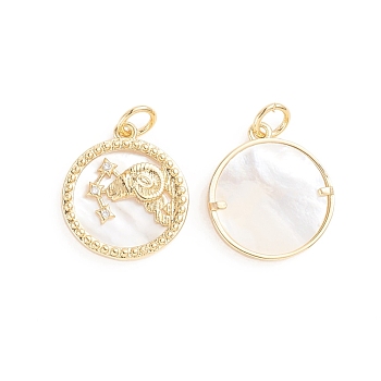 Brass Micro Pave Cubic Zirconia Pendants, with Natural Shell and Jump Ring, Flat Round with Twelve Constellations, Golden, Aries, 17.5x15x2.5mm, Hole: 3.5mm