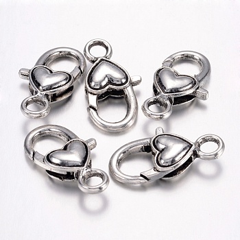 Tibetan Style Alloy Heart Lobster Claw Clasps , Cadmium Free & Lead Free, Mother's Day Jewelry Making,Heart, Antique Silver, about 27mm long, 13.5mm wide, 6mm thick, hole: 4mm
