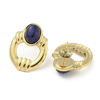 Real 18K Gold Plated 304 Stainless Steel Oval Stud Earrings, with Natural Lapis Lazuli, 26x20mm