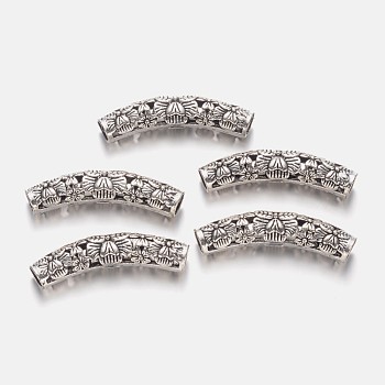 Flower Pattern Hollow Alloy Tube Beads, Antique Silver, 47x9x9mm, Hole: 6mm