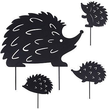 Iron Garden Stakes, Garden Decoration, Hedgehog, Black, 115~238x78~247x1~3.5mm, 4pcs/set