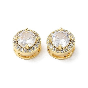 Brass Micro Pave Cubic Zirconia Slide Charms, Flat Round, Real 18K Gold Plated, 9.5x7mm, Hole: 6x2mm
