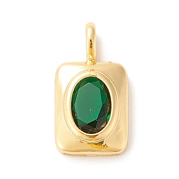 Brass Micro Pave Lime Green Cubic Zirconia Pendants, Rectangle, Golden, 16.5x9x4mm, Hole: 3.8x2mm