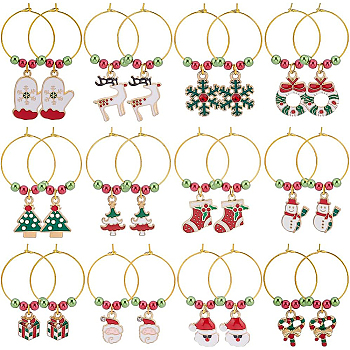 24Pcs 12 Styles Christmas Tree & Snowflake & Sock & Santa Claus Alloy Enamel Dangle Wine Glass Charms with Glass Pearl, Brass Hoop Earrings, Mixed Color, 45~56mm, Pin: 0.8mm, 2pcs/style