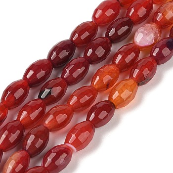 Natural Agate Beads Strands, Deyd & Heated, Faceted, Oval, Dark Red, 12x7.5~8mm, Hole: 1.2mm, about 32pcs/strand, 14.96''(38cm)