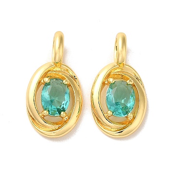 Brass Micro Pave Dark Cyan Cubic Zirconia Pendants, Oval, Real 18K Gold Plated, 22.5x11.5x5.5mm, Hole: 5x3mm