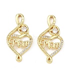 Mother's Day Brass Micro Pave Clear Cubic Zirconia Pendants, Heart with Word Mom Charms, Rack Plating, Long-Lasting Plated, Cadmium Free & Lead Free, Golden, 29x15x2.5mm, Hole: 2x4mm(CU-B002-04G)