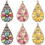 6Pcs 3 Colors Alloy Enamel Pendants, with Rhinestone, Teardrop with Flower Charms, Golden, Mixed Color, 44x24x3mm, Hole: 1.6mm, 2pcs/color(FIND-YW0009-99)