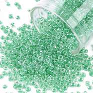 12/0 Glass Seed Beads, Transparent Inside Colours Luster, Round Hole, Round, Green, 12/0, 2~2.5x1.5~2mm, Hole: 0.8mm, about 6666pcs/100g(X1-SEED-A015-2mm-2218)