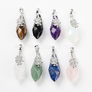 Gemstone Faceted Teardrop Pendants, Rack Plating Platinum Tone Brass Flower Charms, Cadmium Free & Lead Free, 44~45.5x14.5~15.5x16~17mm, Hole: 6.5x5mm(G-Q163-04P)