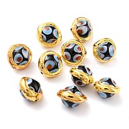 Handmade Lampwork Beads, with Golden Color Edge Brass, Round, Black, 16.5~17x15.5~16x12~13.5mm, Hole: 1mm(LAMP-B002-01G-E)
