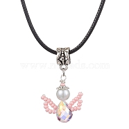 Glass Seed Beads & Glass Pearl Angel Pendant Necklaces, Imitation Leather Cord Necklaces for Women, Pink, 17.60 inch(44.7cm)(NJEW-MZ00056-04)