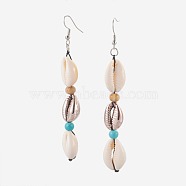 Cowrie Shell Dangle Earrings, with Synthetic Turquoise and Wood Beads, Brass Earring Hooks, Rose Gold, 88~96mm, Pin: 0.7mm(EJEW-JE02920-04)