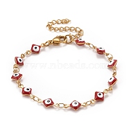 Enamel Rhombus with Evil Eye Link Chains Bracelet, Vacuum Plating 304 Stainless Steel Jewelry for Women, Golden, Red, 6-5/8 inch(16.8cm)(BJEW-P271-03G-01)