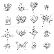 16Pcs 16 Style Rack Plating Alloy with Glass Pendants, with ABS Plastic Imitation Pearl Beaded, Heart & Star & Tooth & Butterfly & Wing Charms, Platinum, 17~30.5x12~28x3~7mm, Hole: 1~4.5mm, 1Pc/style(FIND-YW0003-31)