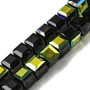 Electroplate Glass Beads Strands, Half Rainbow Plated, Faceted, Cube, Black, 7~7.5x7~7.5x7~7.5mm, Hole: 1mm(EGLA-M031-01A-HR07)