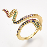 Brass Micro Pave Cubic Zirconia Cuff Rings, Open Rings, Snake, Colorful, Size 6, 16mm(X-RJEW-S044-049)